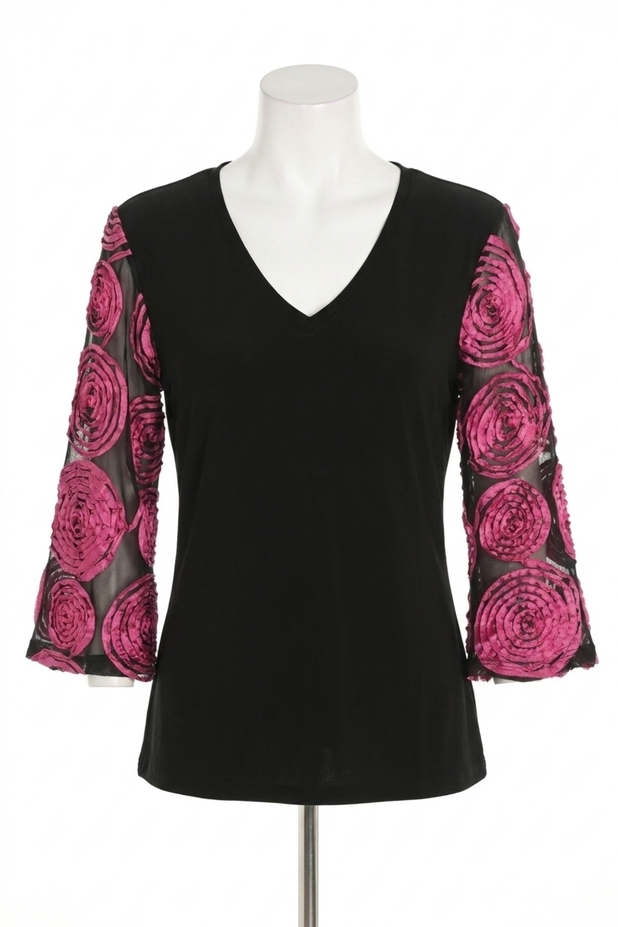 NEW FRANK LYMAN bexley embroidered long sleeve top in begonia and black